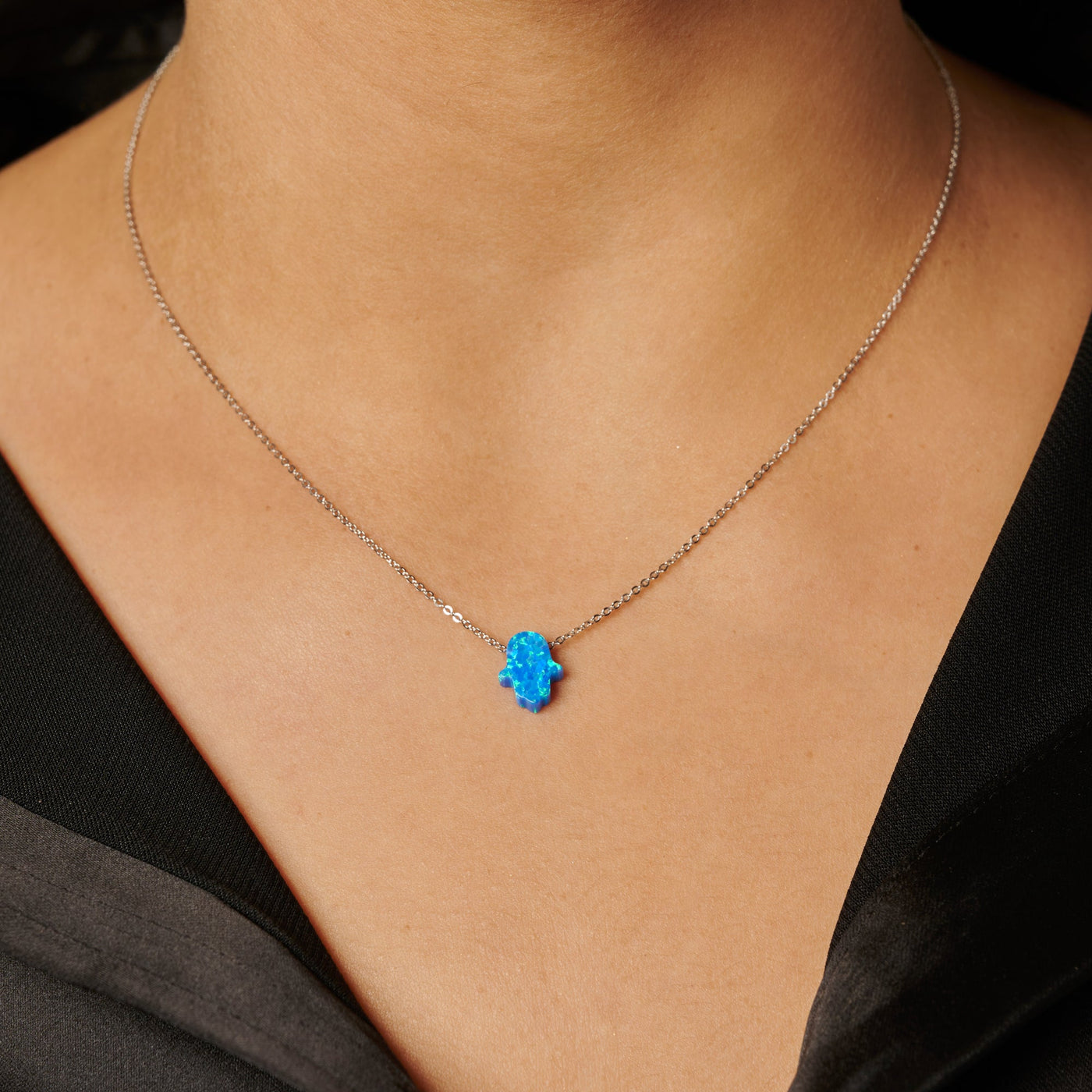Silver Blue Opal Hand Necklace